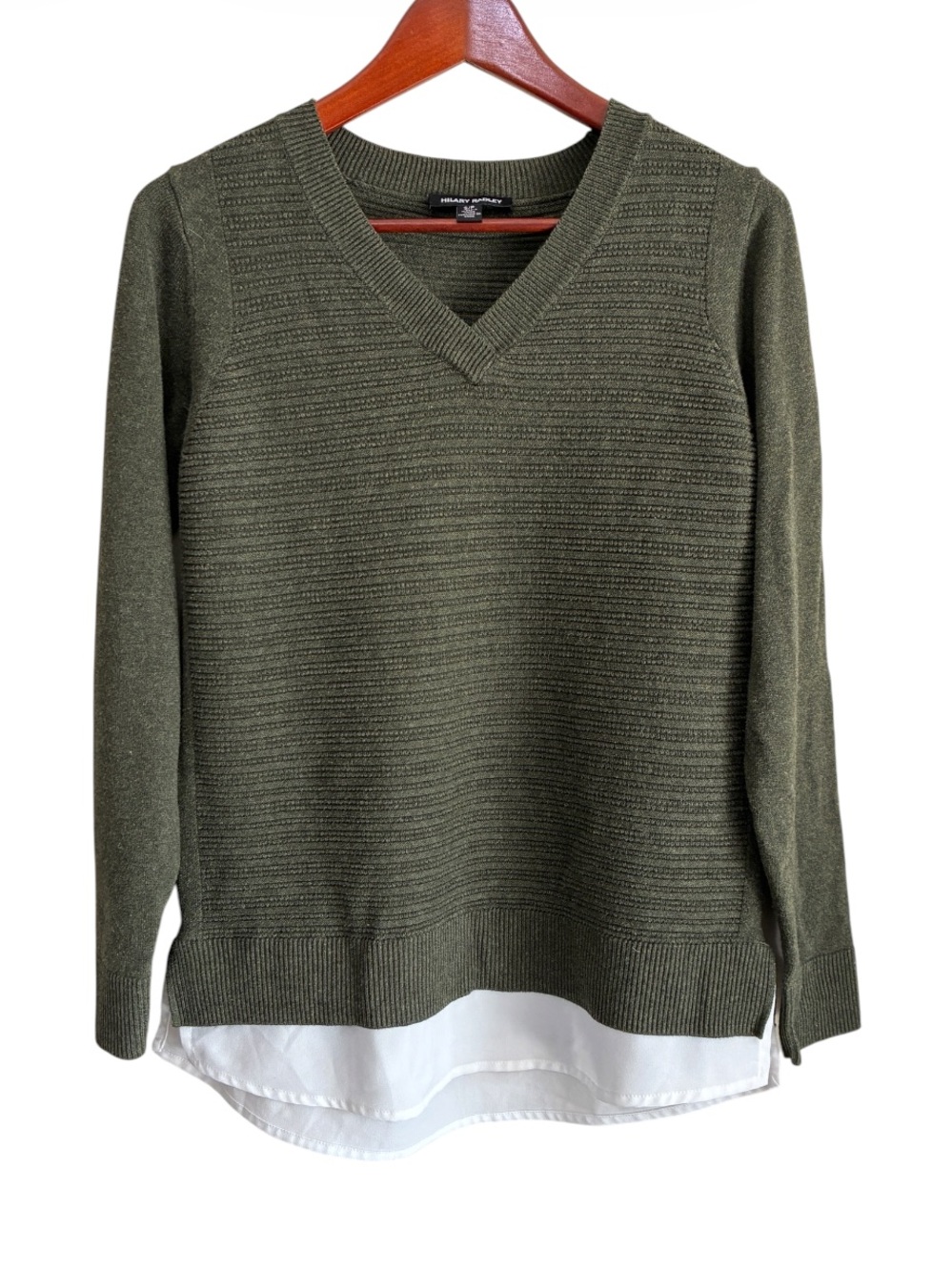 Hilary Radley Women's Green V-Neck Sweater Layered Hem Size Small